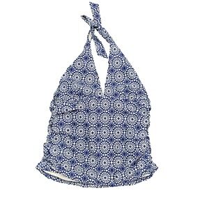 Helen Jon Halter Tankini Swim‎ Top Navy White Geometric Print USA Made Stretch L
